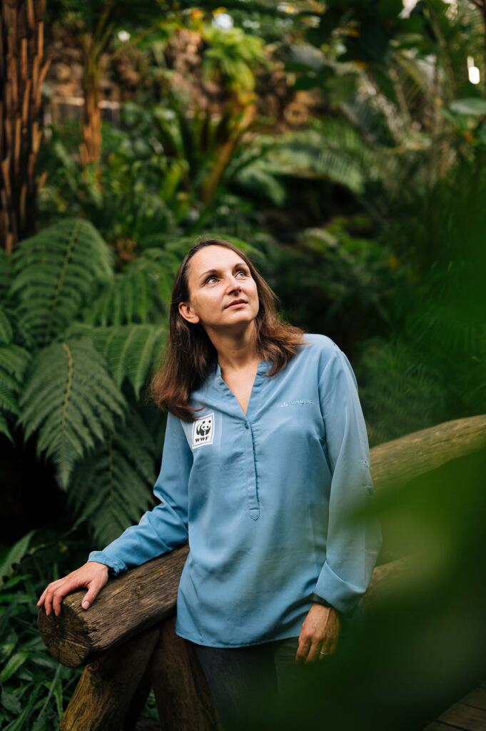 Eine Frau in einem blauen Hemd steht in einem üppigen, grünen Wald mit großen Farnen. Sie schaut nach oben, während sie sich an einem Holzstamm stützt. Im Hintergrund sind dichte Pflanzen sichtbar.