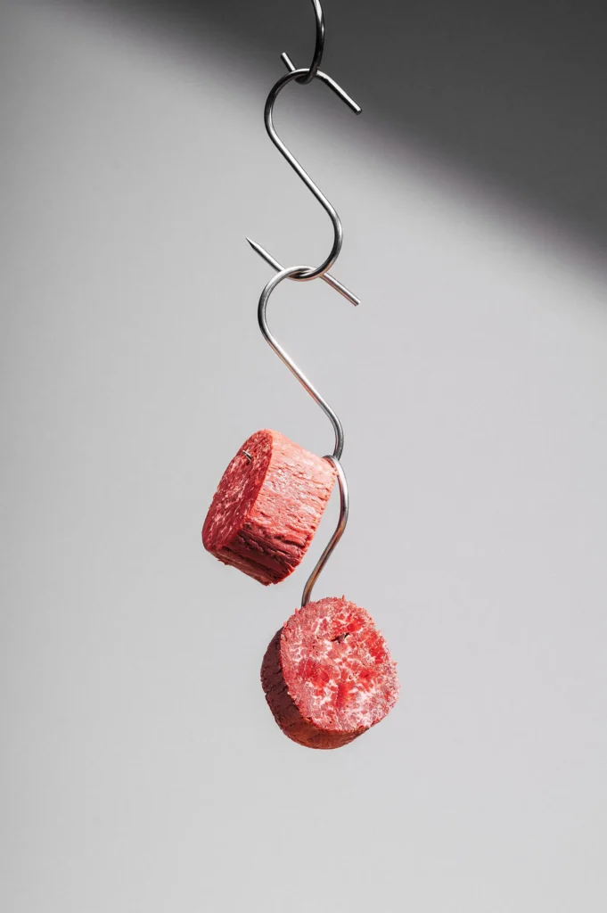 Zwei rote, zylindrische Objekte, die an einem gebogenen Haken hängen, vor einem neutralen Hintergrund. Die Objekte haben eine samtige Textur und scheinen gefroren zu sein.