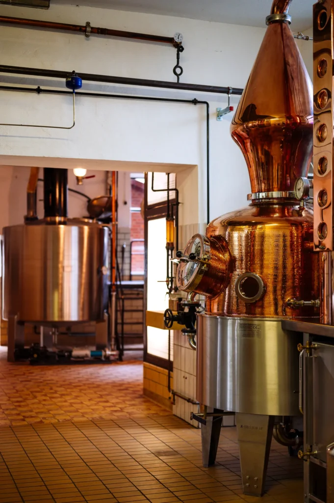 Ein Blick in eine Brennerei, die zwei Destilliergeräte zeigt: ein glänzender Kupferkessel im Vordergrund und ein silberner Kessel im Hintergrund. Die Kellerräume sind gefliest und gut beleuchtet, mit einer modernen Einrichtung.